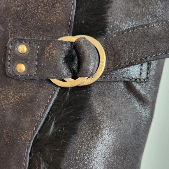 Jimmy Choo "Yam" Metallic-Suede Fur-Lined Over-The-Knee Boots, Black Metallic - Picture 4 of 6